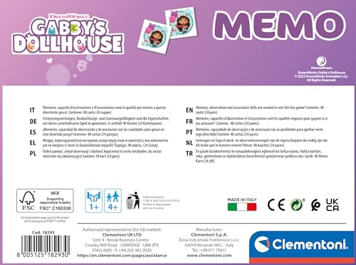 Clementoni 18293 Gabby'S Dollhouse - Juego de Cartas para niños, Juego Educativo de 4 años, Juego de Pares y Memoria, 48 Tarjetas, Fabricado en Italia