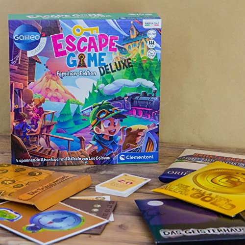 Clementoni 59257 Escape Game - Juego de Mesa de Lujo con 4 Aventuras, Incluye Tarjetas de Notas y Accesorios, Juego Familiar a Partir de 10 años