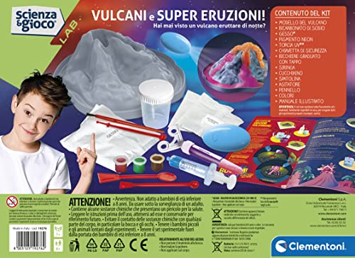 Clementoni Lab-Volcanes y Super Kit experimentos Ciencia, erupción volcánica didáctica Fluorescente, Juego científico Niños 8 Años, Laboratorio, Made in Italy, Multicolor, Medio, 19276