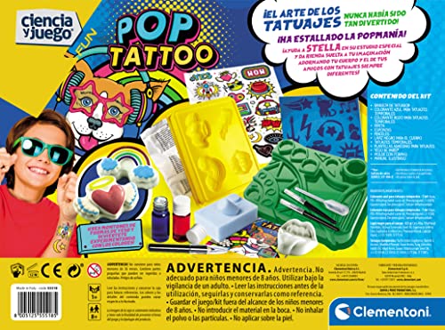 Clementoni, Pop Tattoo, Juego educativo de ciencias para hacer tatuajes infantiles, Taller de experimentos para hacer calcamonías personalizadas, Juguete niños 8 años, Juguete en español (55518)