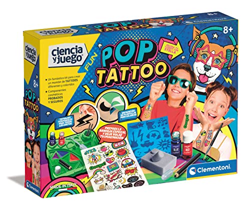 Clementoni, Pop Tattoo, Juego educativo de ciencias para hacer tatuajes infantiles, Taller de experimentos para hacer calcamonías personalizadas, Juguete niños 8 años, Juguete en español (55518)