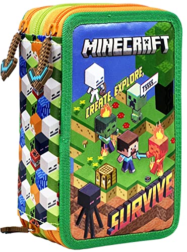 Clondo Minecraft Estuche Triple Relleno, 44 Accesorios Escolares, 3 Cremalleras, 20 cm, Plumier Triple Compartimentos para niña y niño, con Interior organizado