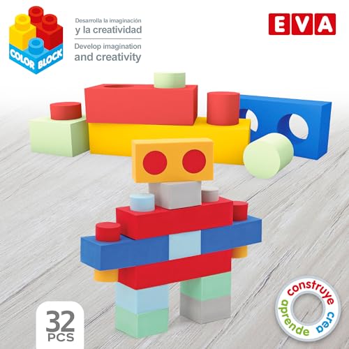 Colorbaby Color Block - Bloques construcción bebé Foam, 32 pzas gomaeva de Colores, Varias Formas, Juegos Piezas encajables, Juguetes didácticos 18 Meses, 47201