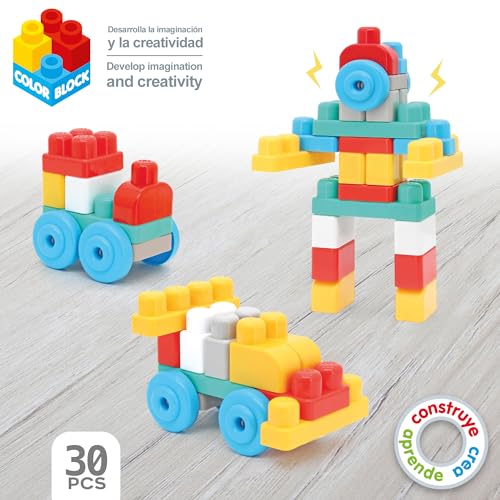 COLORBABY Color Block, Juego de construcción para niños, Bloques de Colores, 30 Piezas, Trolley de policía, Coche de Transporte, Cubos bebé, Juegos Infantiles, Juguete niño 18 Meses, (47161)