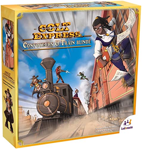 Colt Express - Cinta transportadora y tren blindado, versión francesa + 6 bandits Tuco + Cheyenne + Doc + Ghost + Django + Belle + 1 abrebotellas Blumie (transportador + 6 bandidos)