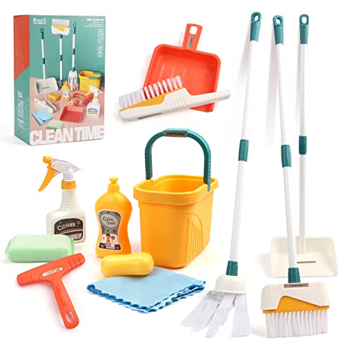 Coolplay Kids Cleaning Set for Toddlers Pretend Play Broom Set, 12pcs Mop and Cleaning Toys Set Pretend Playset Detachable Broom Mop Dustpan