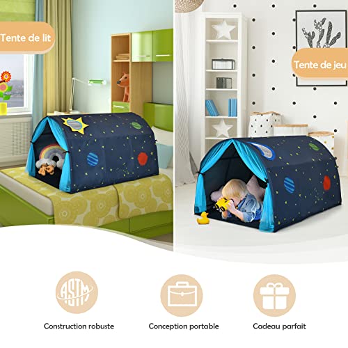 COSTWAY Carpa para Cama de los Niños, Casita para Niños Pop up Portátil con Doble Cortina y Bolsa de Transporte, Carpa Túnel para Cama para Dormitorio Salón Juegos, 144 x 102 x 82 cm (Azul)