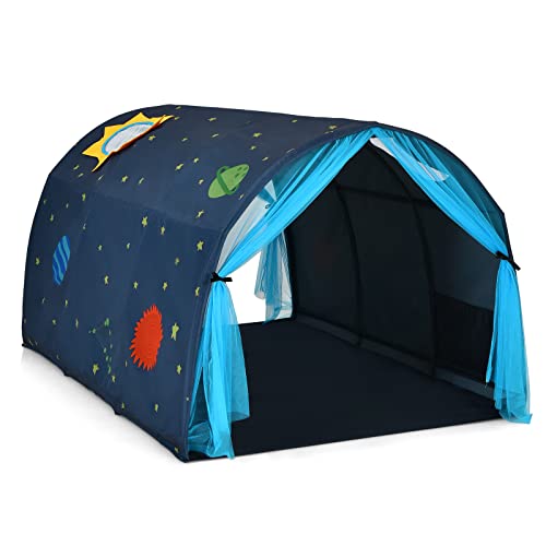 COSTWAY Carpa para Cama de los Niños, Casita para Niños Pop up Portátil con Doble Cortina y Bolsa de Transporte, Carpa Túnel para Cama para Dormitorio Salón Juegos, 144 x 102 x 82 cm (Azul)