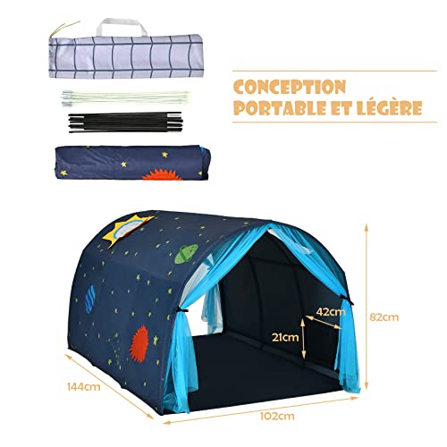 COSTWAY Carpa para Cama de los Niños, Casita para Niños Pop up Portátil con Doble Cortina y Bolsa de Transporte, Carpa Túnel para Cama para Dormitorio Salón Juegos, 144 x 102 x 82 cm (Azul)