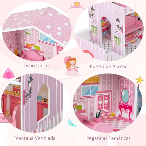 COSTWAY Casa de Muñecas de Madera para Niños, 60 x 25 x 70 cm, Juego de Casa de Muñecas con 5 Cuartos y 10 Piezas de Muebles, Atractivos Papeles Pintados y Baldosas, para Niñas de 3 a 7 Años