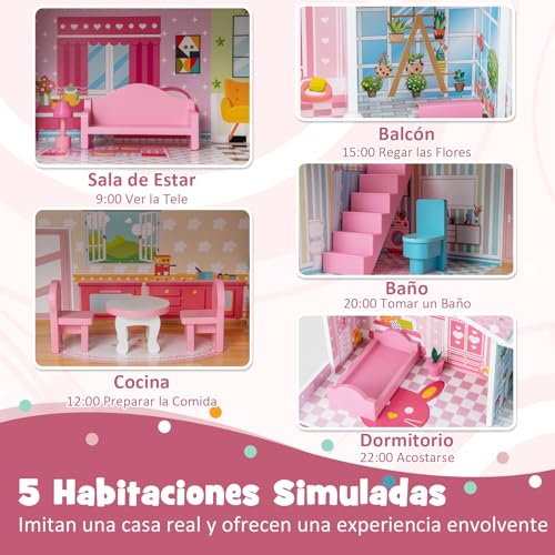 COSTWAY Casa de Muñecas de Madera para Niños, 60 x 25 x 70 cm, Juego de Casa de Muñecas con 5 Cuartos y 10 Piezas de Muebles, Atractivos Papeles Pintados y Baldosas, para Niñas de 3 a 7 Años