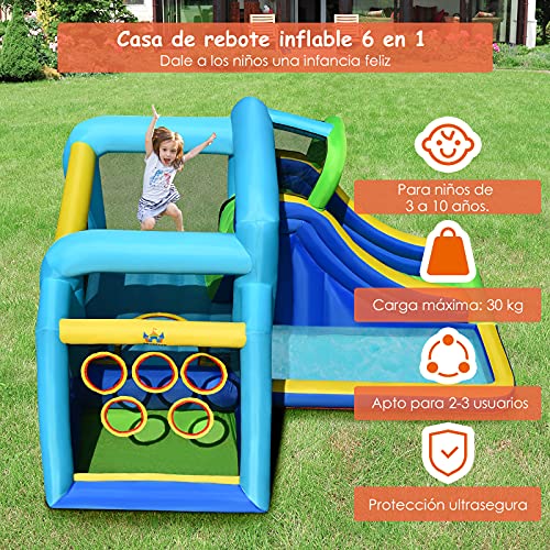 COSTWAY Castillo Inflable 5 en 1 con Gran Área para Saltar y Jugar, Pared para Escalar, Tobogán Largo, Piscina con Pelotas, Área para Tirar la Pelota, Incluye Bolsa de Transporte