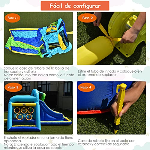 COSTWAY Castillo Inflable 5 en 1 con Gran Área para Saltar y Jugar, Pared para Escalar, Tobogán Largo, Piscina con Pelotas, Área para Tirar la Pelota, Incluye Bolsa de Transporte