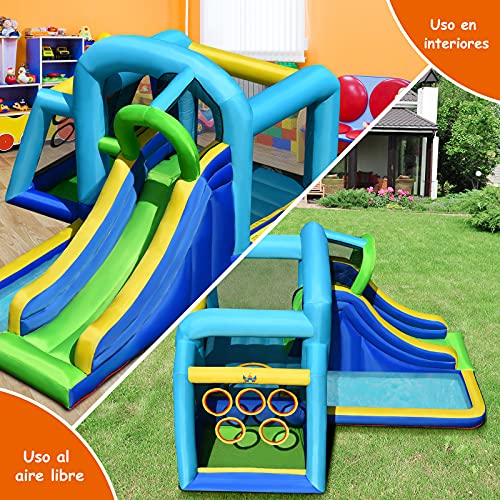 COSTWAY Castillo Inflable 5 en 1 con Gran Área para Saltar y Jugar, Pared para Escalar, Tobogán Largo, Piscina con Pelotas, Área para Tirar la Pelota, Incluye Bolsa de Transporte