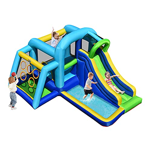 COSTWAY Castillo Inflable 5 en 1 con Gran Área para Saltar y Jugar, Pared para Escalar, Tobogán Largo, Piscina con Pelotas, Área para Tirar la Pelota, Incluye Bolsa de Transporte