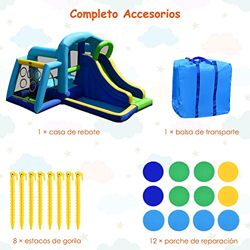 COSTWAY Castillo Inflable 5 en 1 con Gran Área para Saltar y Jugar, Pared para Escalar, Tobogán Largo, Piscina con Pelotas, Área para Tirar la Pelota, Incluye Bolsa de Transporte