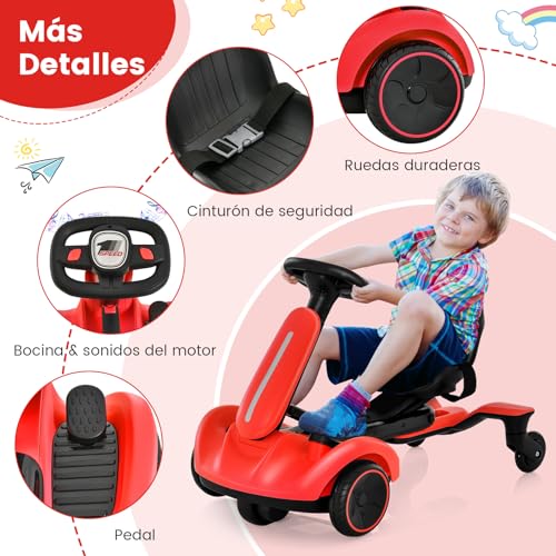 COSTWAY Coche de Deriva para Niños, Kart Eléctrico 6V con Asiento Ajustable en 2 Posiciones, Giro de 360 Grados, Ruedas Duraderas, Velocidad Máxima de 4,8 km/h, para Niños de 3 a 8 Años (Rojo)