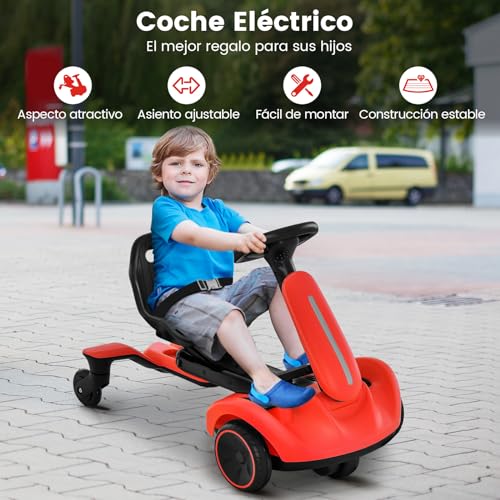 COSTWAY Coche de Deriva para Niños, Kart Eléctrico 6V con Asiento Ajustable en 2 Posiciones, Giro de 360 Grados, Ruedas Duraderas, Velocidad Máxima de 4,8 km/h, para Niños de 3 a 8 Años (Rojo)