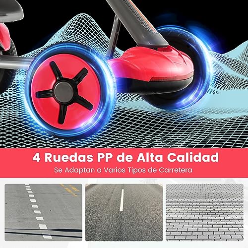 COSTWAY Go Kart Plegable Infantil 12V, Kart Eléctrico Infantil con Volante y Asiento Regulables en 2 Posiciones, Botón de Arranque, Luces, Portavasos, Coche de Pedales para Niños para Carreras (Rojo)