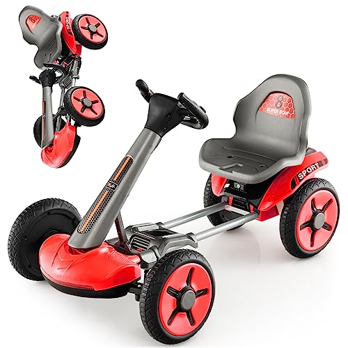 COSTWAY Go Kart Plegable Infantil 12V, Kart Eléctrico Infantil con Volante y Asiento Regulables en 2 Posiciones, Botón de Arranque, Luces, Portavasos, Coche de Pedales para Niños para Carreras (Rojo)