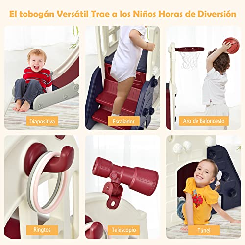 COSTWAY Gran Tobogán Infantil 6 en 1, Juego Infantil con Cesta, Pelota, Lanzamiento de Anillas y Telescopio, Parque Infantil de Interior y Exterior para Niños y Niñas (Azul)