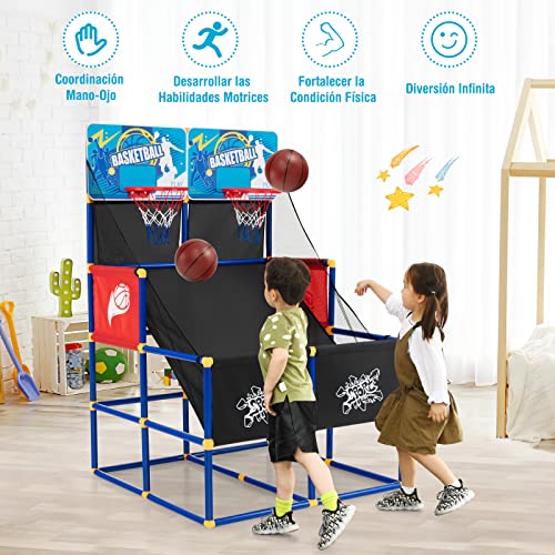 COSTWAY Mini Canasta Baloncesto Habitacion, Juego de Baloncesto de Doble Tiro, 4 Balones, Bomba de Inflado para Interiores y Exteriores, Regalo de Cumpleaños para Niños, Fácil Montaje