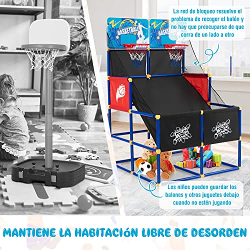 COSTWAY Mini Canasta Baloncesto Habitacion, Juego de Baloncesto de Doble Tiro, 4 Balones, Bomba de Inflado para Interiores y Exteriores, Regalo de Cumpleaños para Niños, Fácil Montaje