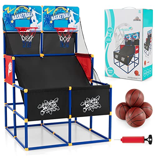 COSTWAY Mini Canasta Baloncesto Habitacion, Juego de Baloncesto de Doble Tiro, 4 Balones, Bomba de Inflado para Interiores y Exteriores, Regalo de Cumpleaños para Niños, Fácil Montaje