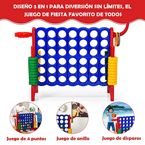 COSWAY Conecta 4 Gigante, Mega 4 para Niños y Adultos, Juego de Exterior 74 cm con Canasta y Juego de Lanzamiento de Anillos, 42 Piezas Gigantes, Guida de Soltar Fácil (Rojo)