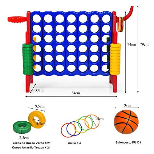 COSWAY Conecta 4 Gigante, Mega 4 para Niños y Adultos, Juego de Exterior 74 cm con Canasta y Juego de Lanzamiento de Anillos, 42 Piezas Gigantes, Guida de Soltar Fácil (Rojo)