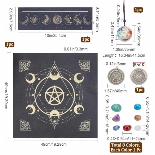 CRASPIRE Tarot Card Kit Soporte de Madera para Cartas de Tarot con Mantel de Altar, Collar con Colgante de 7 Chakra., Piedra Preciosa, Desafío Moneda Bruja Herramientas de Adivinación