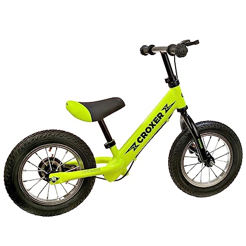 Croxer Bicicleta sin Pedales para niños Leox - Ultraligero, Ruedas de 12 Pulgadas, Asas de Goma, armazón de Aluminio - Desarrollado en colaboración con fisioterapeutas (Leox Lime con Freno de Mano)