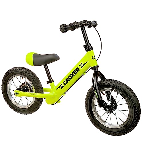 Croxer Bicicleta sin Pedales para niños Leox - Ultraligero, Ruedas de 12 Pulgadas, Asas de Goma, armazón de Aluminio - Desarrollado en colaboración con fisioterapeutas (Leox Lime con Freno de Mano)