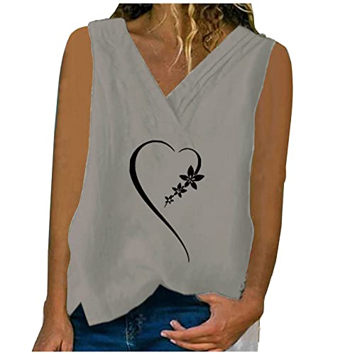 , cuello en V sin mangas, algodón, lino, monocromo, camisa, camiseta sin mangas, camiseta de manga corta para mujer negro, gris, M