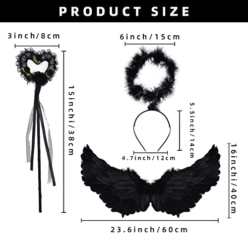 DAOUZL Alas de Angel, Alas de Plumas con Aureola y Varita Mágica, Alas de Angel Negro Decoración, Plumas Ángel Alas, Disfraz Angel Niña Conjunto para Halloween,Cosplay, Fiestas de Disfraces(Negro)