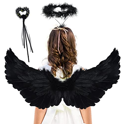 DAOUZL Alas de Angel, Alas de Plumas con Aureola y Varita Mágica, Alas de Angel Negro Decoración, Plumas Ángel Alas, Disfraz Angel Niña Conjunto para Halloween,Cosplay, Fiestas de Disfraces(Negro)