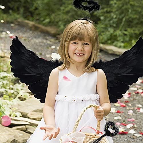 DAOUZL Alas de Angel, Alas de Plumas con Aureola y Varita Mágica, Alas de Angel Negro Decoración, Plumas Ángel Alas, Disfraz Angel Niña Conjunto para Halloween,Cosplay, Fiestas de Disfraces(Negro)