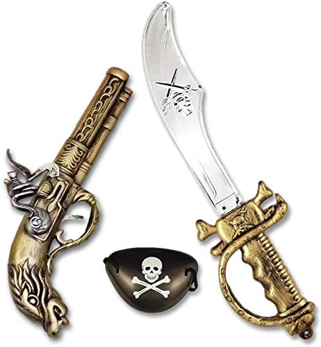 D.A.Y. Republic Disfraz de pirata del Caribe para niños, kit de accesorios para Halloween o fiestas temáticas piratas, espada clásica de 38 cm, pistola, ojos)