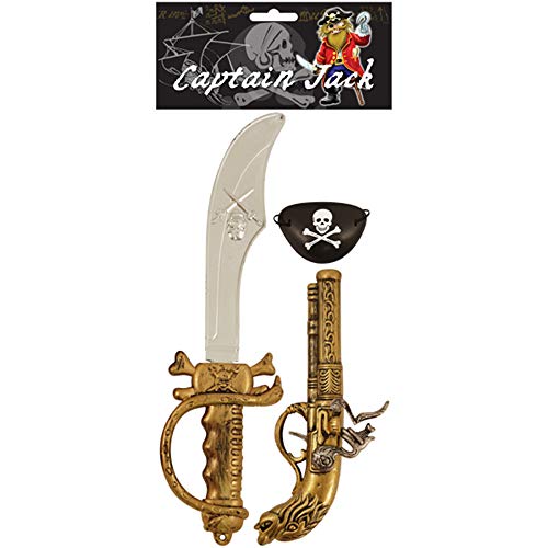 D.A.Y. Republic Disfraz de pirata del Caribe para niños, kit de accesorios para Halloween o fiestas temáticas piratas, espada clásica de 38 cm, pistola, ojos)