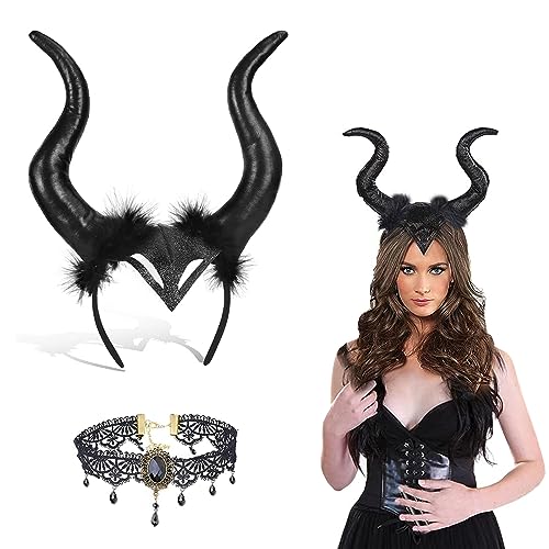 DAZZTIME 2 PCS Diadema de Cuerno Negro,Cuernos del Diablo Accesorios para el Cabello Con Accesorios de Encaje Gótico Negro,para carnaval mascarada Halloween Cosplay fiesta