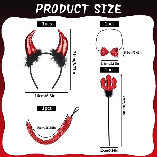 DAZZTIME 4PCS Disfraces Demonio,Accesorios Disfraz Demonio Niña, Diablo Diadema para Mujer, Incluye Diadema de Cuernos de Diablo, Corbata, Cola, Tridente, Para Carnival Halloween Fiestas.