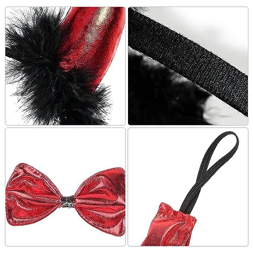 DAZZTIME 4PCS Disfraces Demonio,Accesorios Disfraz Demonio Niña, Diablo Diadema para Mujer, Incluye Diadema de Cuernos de Diablo, Corbata, Cola, Tridente, Para Carnival Halloween Fiestas.