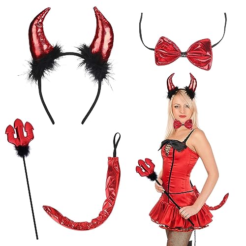 DAZZTIME 4PCS Disfraces Demonio,Accesorios Disfraz Demonio Niña, Diablo Diadema para Mujer, Incluye Diadema de Cuernos de Diablo, Corbata, Cola, Tridente, Para Carnival Halloween Fiestas.