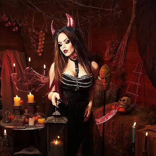 DAZZTIME 4PCS Disfraces Demonio,Accesorios Disfraz Demonio Niña, Diablo Diadema para Mujer, Incluye Diadema de Cuernos de Diablo, Corbata, Cola, Tridente, Para Carnival Halloween Fiestas.