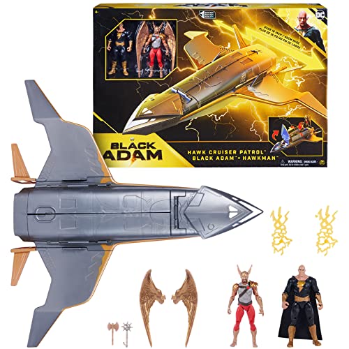 DC Comics, Hawk Cruiser Patrol, Incluye Figuras de acción de Black Adam y Hawkman, más de 40 cm de Ancho, Primera edición, Juguetes para niños de superhéroes, para niños y niñas a Partir de 4 años