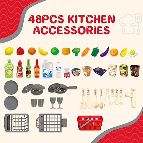 deAO Cocinita de Juguete My Little Chef para Niños 2 3+ Cocinita Infantil con 48 Accesorios, Grifo Simulado, Utensilios de Cocina, Estufa, Comida, Cubiertos (no Requiere Montaje)