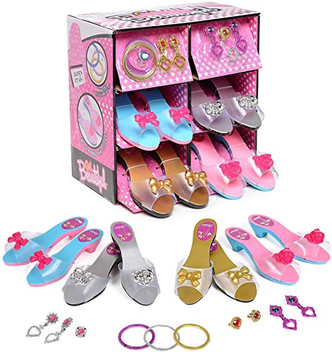 deAO Juego de Zapatos y Accesorios de Princesa Conjunto Infantil de Imitación 4 Pares de Zapatos de Tacón y 8 Joyas Fabricado en Plástico