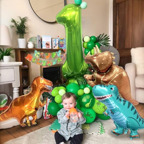 Decoración Cumpleaños Dino, 1 Año Niño Fiesta Cumpleaños Globos Número 1 Decoración Sitio Dinosaurio Jungla Animal Globos Números Verde Globo Helio Pancarta Feliz Cumpleaños Accesorios Fiestas