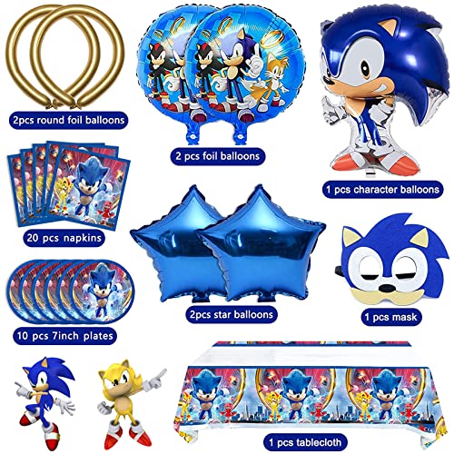 Decoracion Cumpleaños Sonic the Hedgehog, 39 Piezas Juego de Suministros para Fiestas, Vajilla de Cumpleaños con Platos, Servilletas, Manteles, Sonic Foil Globos, Máscara, para Sonic Party Supplies