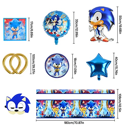 Decoracion Cumpleaños Sonic the Hedgehog, 39 Piezas Juego de Suministros para Fiestas, Vajilla de Cumpleaños con Platos, Servilletas, Manteles, Sonic Foil Globos, Máscara, para Sonic Party Supplies